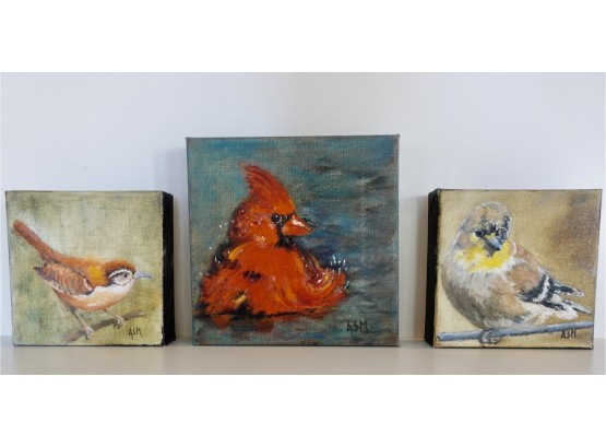 3 Small Signed Pieces Of Original Art With Birds
