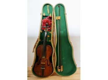 Vintage Violin With Bow In Suede Fringed Case