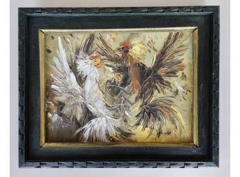 Original Mid Century Oil On Canvas Of Cock Fight In Excellent Period Frame 1972