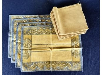 4 Mid Century Linen Placemats With Owl Motif & 10 Brown Napkins