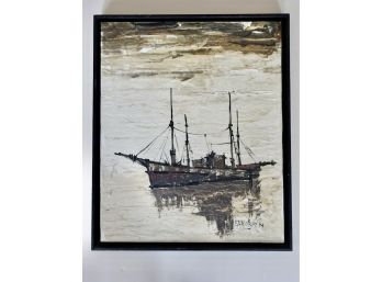 Original Mid Century Oil On Canvas Of Boat With Period Frame By E Norden