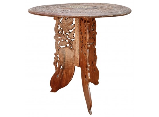 Ornate Carved Wood And Bone Inlay Folding Occasional Table