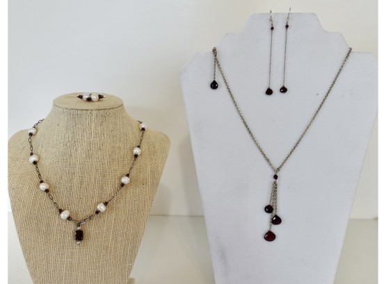 Two 17' Garnet And Silver Necklaces With Coordinating Earrings