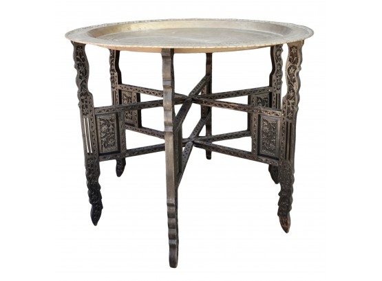 Gorgeous Moroccan Tea Table With Carved Wood Folding Base And Large Brass Tray