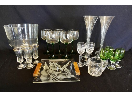 Assorted Stemware, Large Glass Vessel, Creamer With Starburst, & Etched Glass Serving Dish