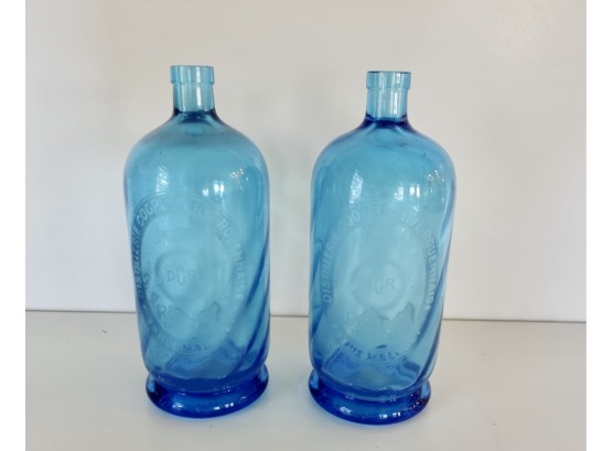 2 Antique French Etched Blue Seltzer Bottles
