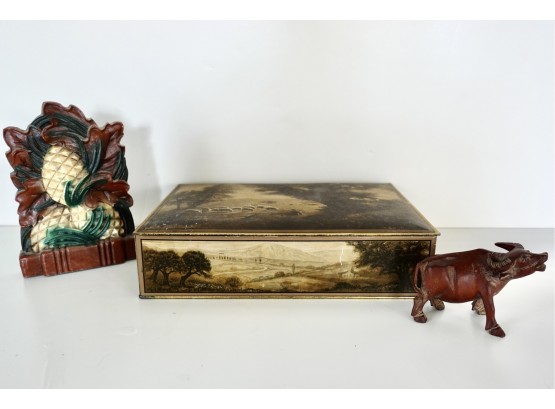 Vintage Uneeda Metal Box With Pastoral Scene, Woo Steer Figurine, & 1 Bookend