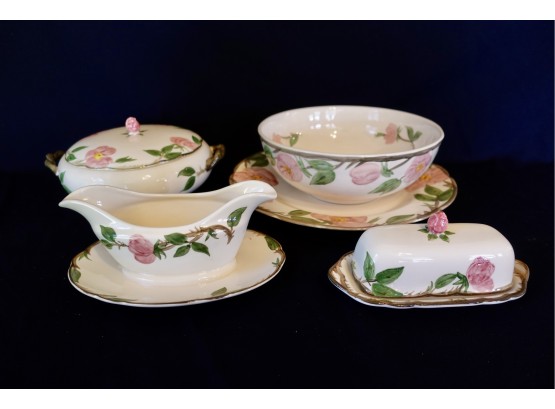 Franciscan Desert Rose Servingware Including Butter Dish, Gravy Boat, Lidded Casserole & Large Bowl W/platter
