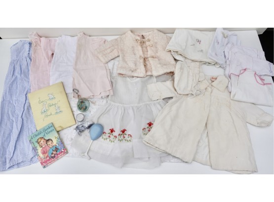 Assorted Antique Baby Clothes, Blanket, & Toys