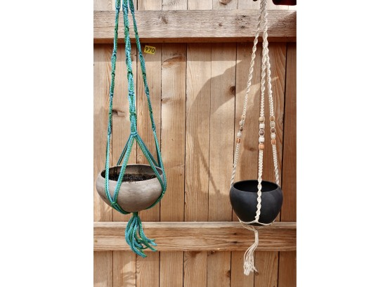 2 Small Pots With Macrame Hangers