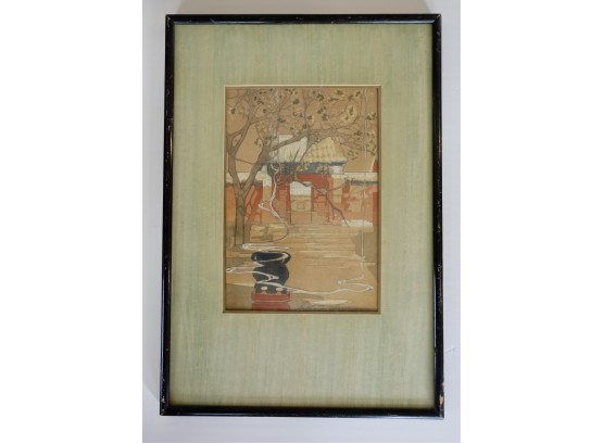 Mid Century Watercolor And Ink Art Of Asian House With Tree And Water In Original Frame/mat