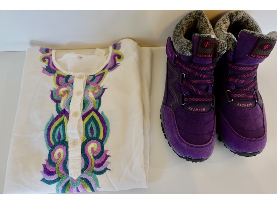 Sz 44 Purple Winter Boots & Beautiful Embroidered Indian Shirt, Sz 46