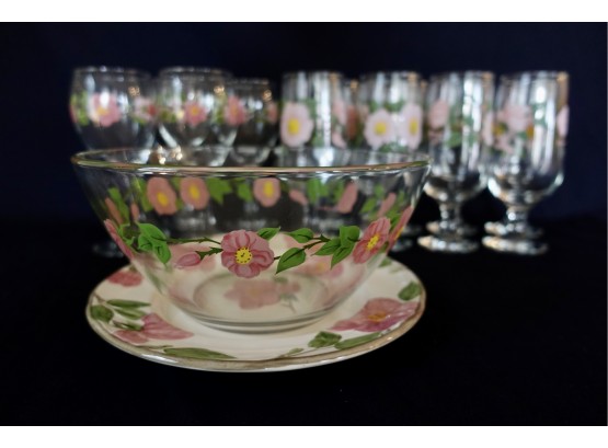 Franciscan Desert Rose Glassware Including 8 Water Goblets, 4 Wine Glasses, & 9' Bowl On Plate