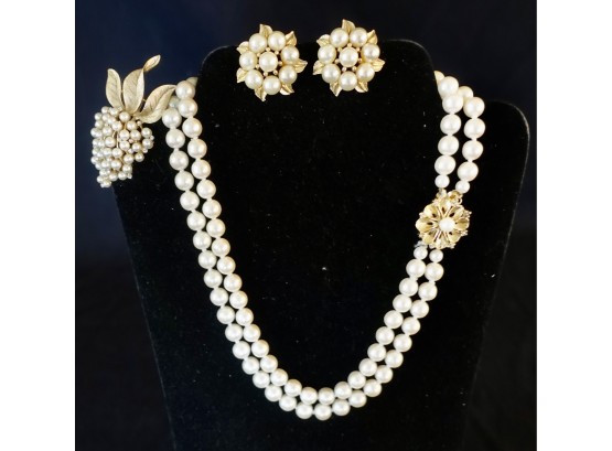 Lovely Vintage Double Strand Pearl Necklace, Clip On Earrings, And Brooch