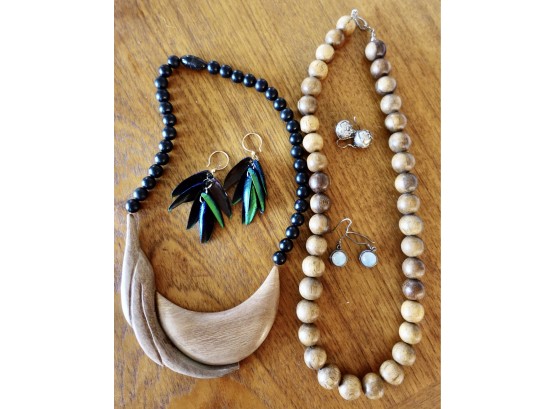Wood Necklaces, Moonstone, Silver Tone, & Beetle Wing Earrings
