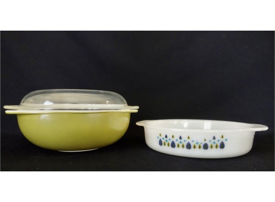 Vintage Green Pyrex Casserole With Lid And Fun Unmarked Mid Century Baking Dish
