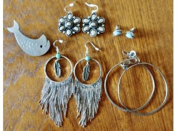 Silver Toned Earrings And Vintage Pewter JHN Fish