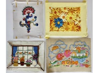 Lot Of 4 Crewel/stitched Art Unframed