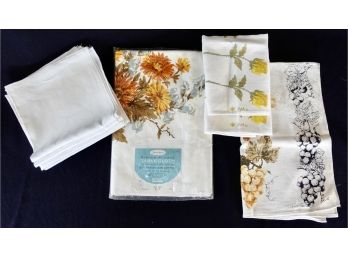 Mid Century Linens Including Vera & Luther Travis Tea Towels, NOS Tablecloth, & 9 White Napkins