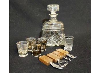 Vintage Barware Including Decanter, Shot Glasses, & Bar Tools
