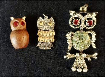 2 Vintage Owl Pendants And A Wood Owl Pin