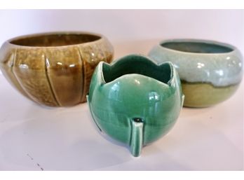 3 Vintage Green Pottery Planters