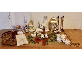Assorted Christmas Decor Including Deer, Snow Globe, Cards, Napkin Rings, Door Mat, & More