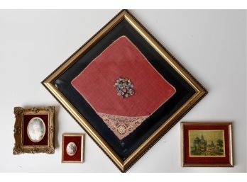 4 Framed Vintage Pieces Including Brooches And Handerkerchiefs