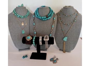 Assorted Turquoise Necklaces, Bracelets, & Earrings, Some Real Some Faux