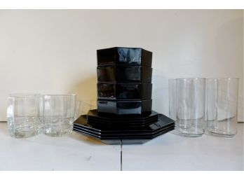 Black Octagonal Dinnerware For 4 With Glasses