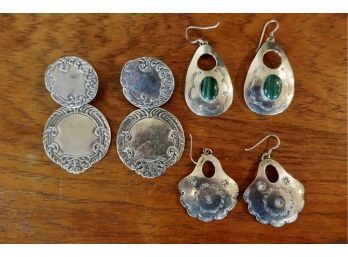 3 Pairs Of Sterling Western Style Earrings, One With Malachite Stones
