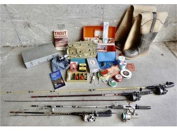 Assorted Fishing Supplies Including Waders, Rods, Reels, Lures, & More