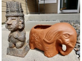 Elephant Planter And South American Statue