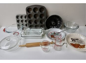 Assorted Baking Supplies Including Pyrex And Vintage Pie Plates