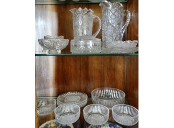 Fancy Glass Serving Pieces Including Bowl Set With Etched Lotus Flowers