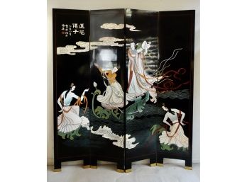 Gorgeous Vintage Black Lacquer Japanese Room Divider/floor Screen With Dancing Women