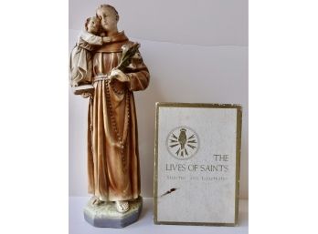 Lovely Vintage St. Francis Statue And The Illustrated Lives Of Saints In Case