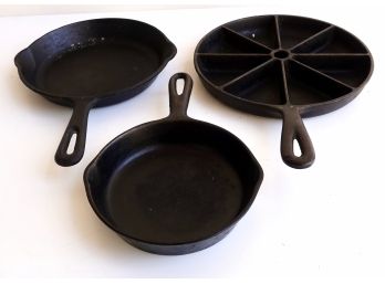 3 Cast Iron Skillets, 1 9' Divided, 1 8' Marked Made In Italy, & 1 Unmarked 6.25'