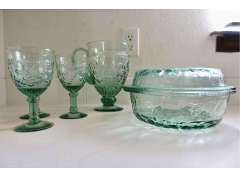 Coordinating Glass Pitcher, 3 Glasses, And Covered Serving Dish