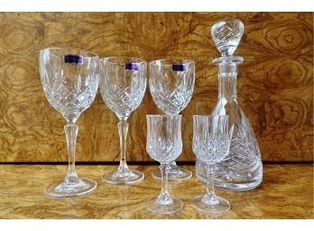 3 Waterford Crystal Goblets With Glass Decanter And Apertif Glasses