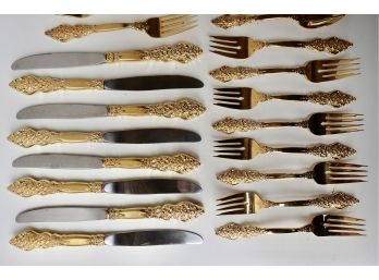 1847 Rogers Bros Gold Toned Flatware For 8 With 8 Extra Teaspoons And 2 Serving Spoons