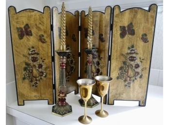 Table Screen, Ornate Candlesticks, And Indian Brass Goblets