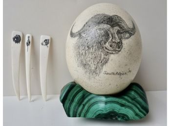 Large South African Etched Egg On Malachite Stand With Etched Letter Openers