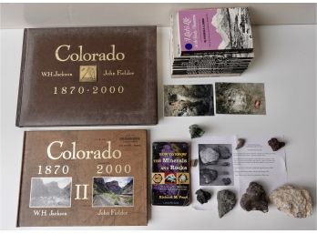 John Fielder & Colorado History Books With Rock And Fossil Collection Including Fossilized Dinosaur Bone