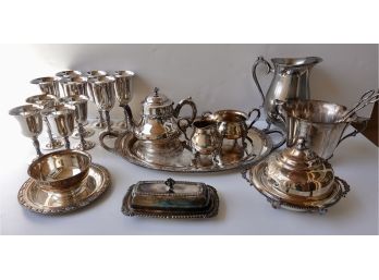 Assorted Silver Plate Tea Service, Goblets, Butter Dish, & Other Serving Pieces