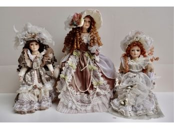 2 Cathay Collection & 1 Topp Collection Victorian Dolls With Stands