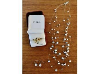 Sweet Pearl Multistrand With Matching Earrings And Unique Costume Ring