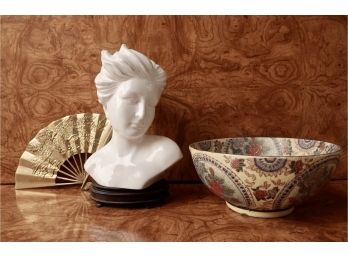 Large Asian Bowl, Ceramic Bust, & Brass Fan