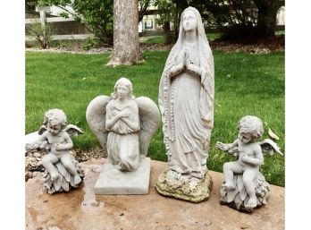23' Mary And Angel Stone Statues And Composite Cherubs