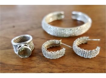 Sterling Braided Cuff Bracelet, Ring,  And Earrings